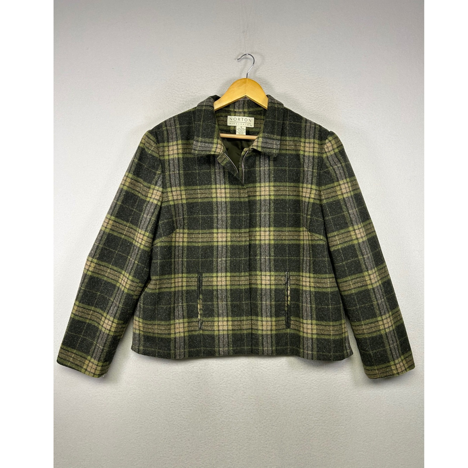 Dark Academia Norton Mcnaughton Womens 18 Green Plaid Wool Blend Zip Up Jacket
